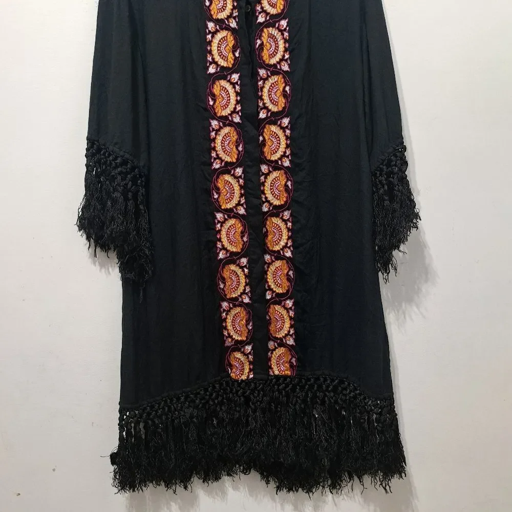Tigerlily Embroidered Button Down Fringe Cardigan Cruise Dress Small Black